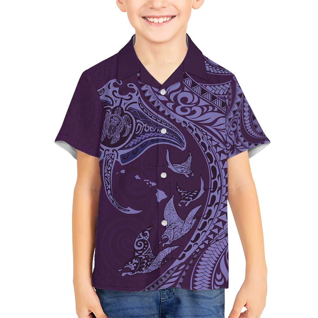 Hawaiian Manta Ray and Polynesian Tribal Tattoo Kid Hawaiian Shirt Purple Color LT03 Kid Purple - Polynesian Pride