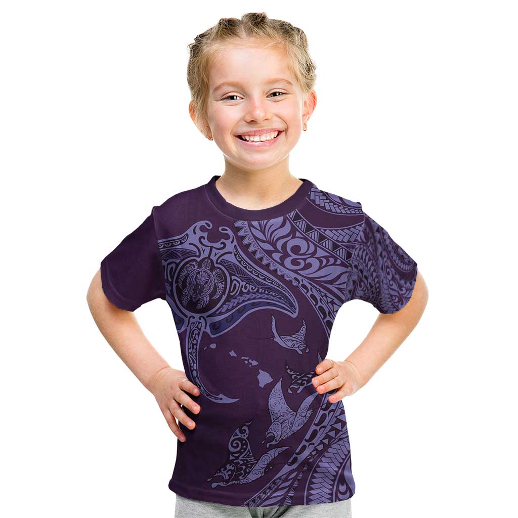 Hawaiian Manta Ray and Polynesian Tribal Tattoo Kid T Shirt Purple Color LT03