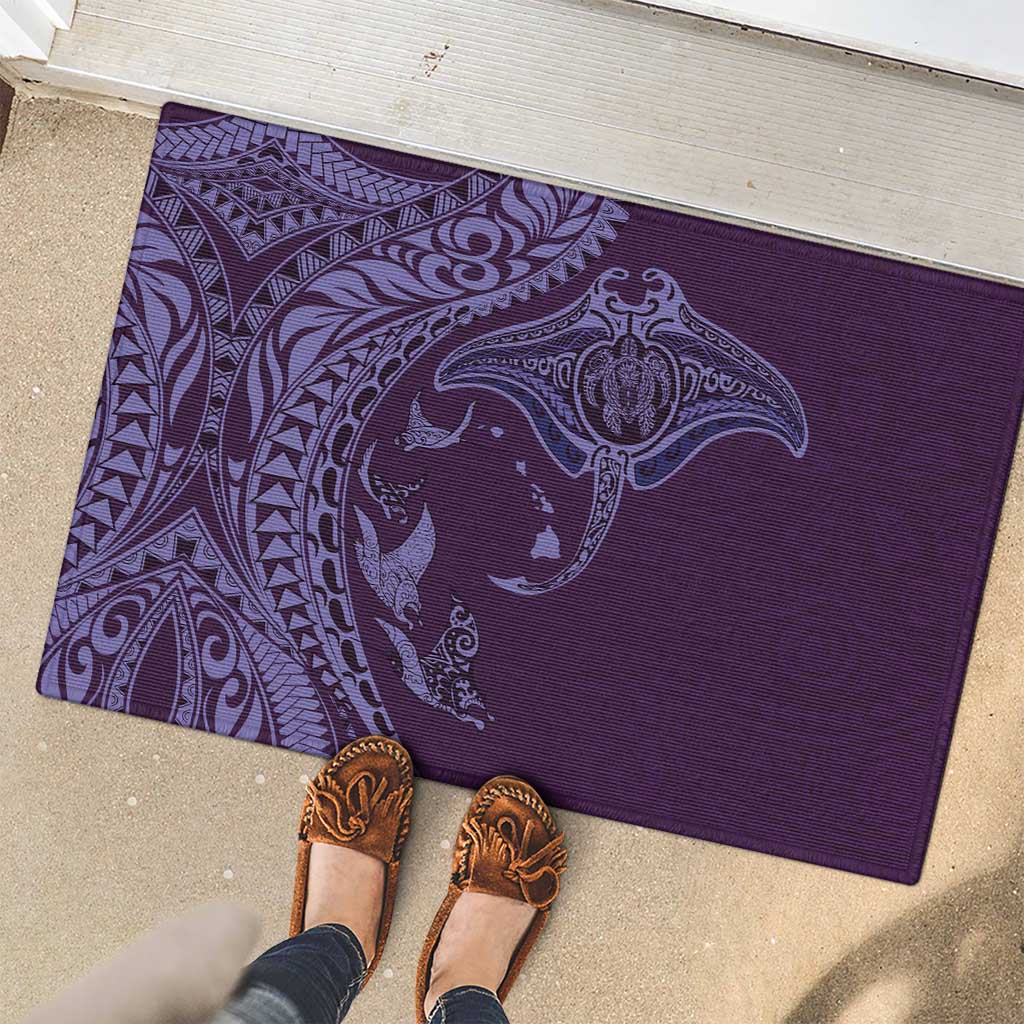 Hawaiian Manta Ray and Polynesian Tribal Tattoo Rubber Doormat Purple Color LT03