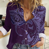 Hawaiian Manta Ray and Polynesian Tribal Tattoo Women Casual Shirt Purple Color LT03 Female Purple - Polynesian Pride