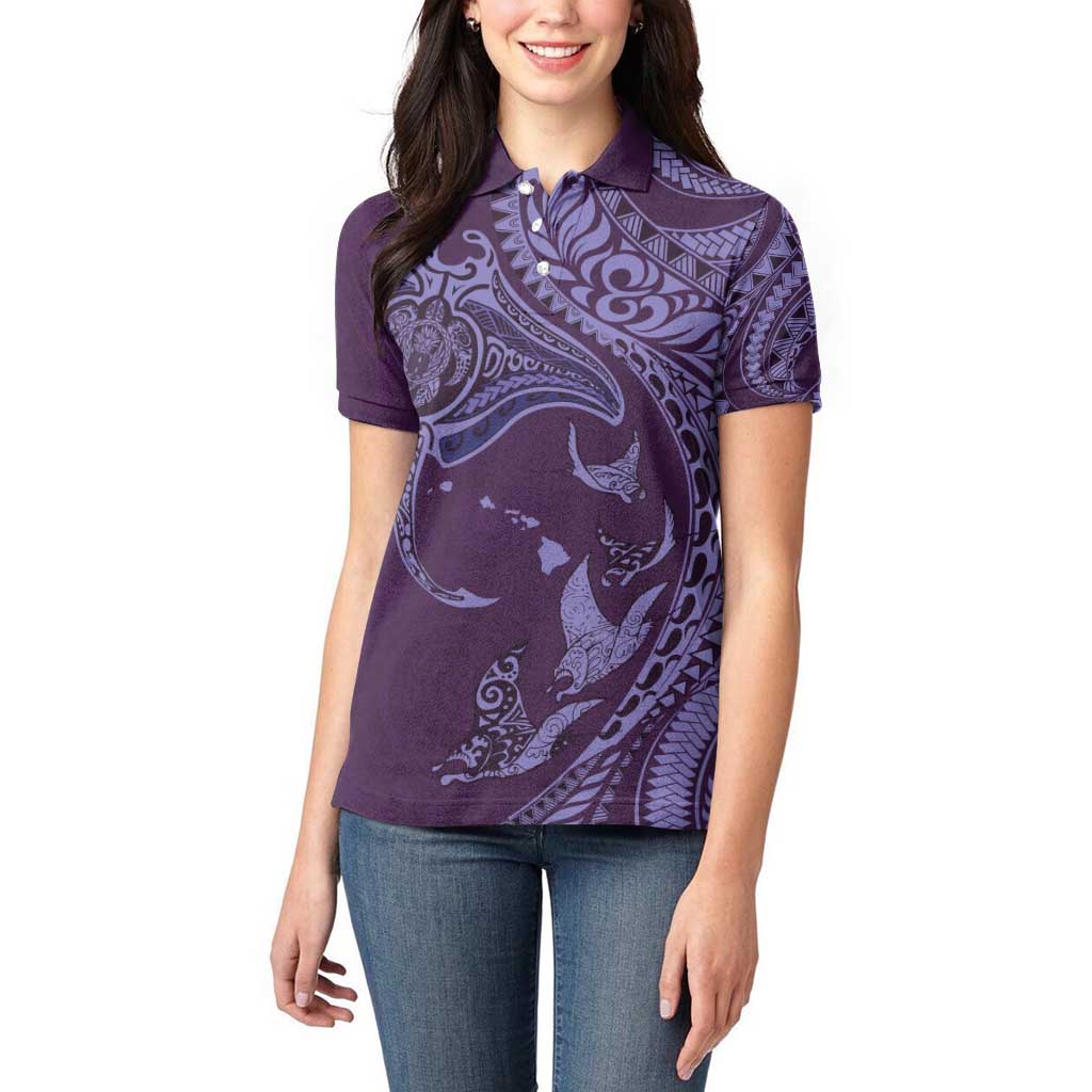 Hawaiian Manta Ray and Polynesian Tribal Tattoo Women Polo Shirt Purple Color LT03 - Polynesian Pride