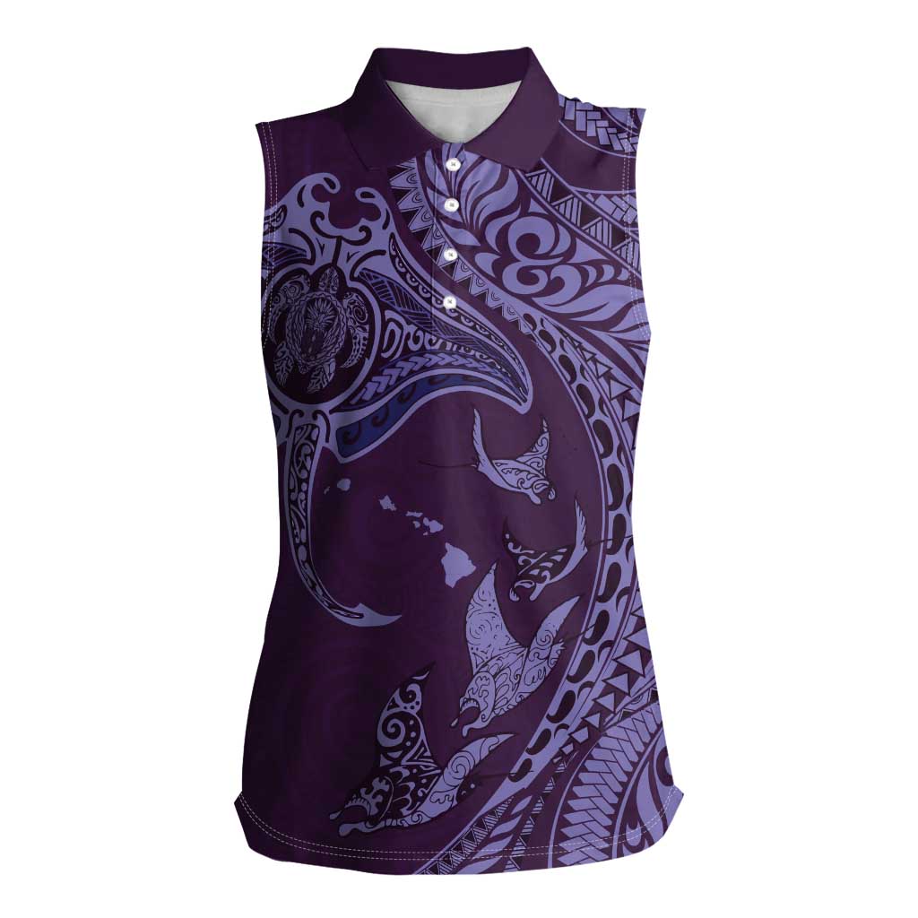 Hawaiian Manta Ray and Polynesian Tribal Tattoo Women Sleeveless Polo Shirt Purple Color LT03