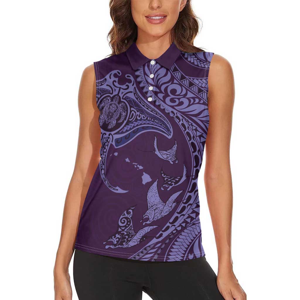 Hawaiian Manta Ray and Polynesian Tribal Tattoo Women Sleeveless Polo Shirt Purple Color LT03 - Polynesian Pride