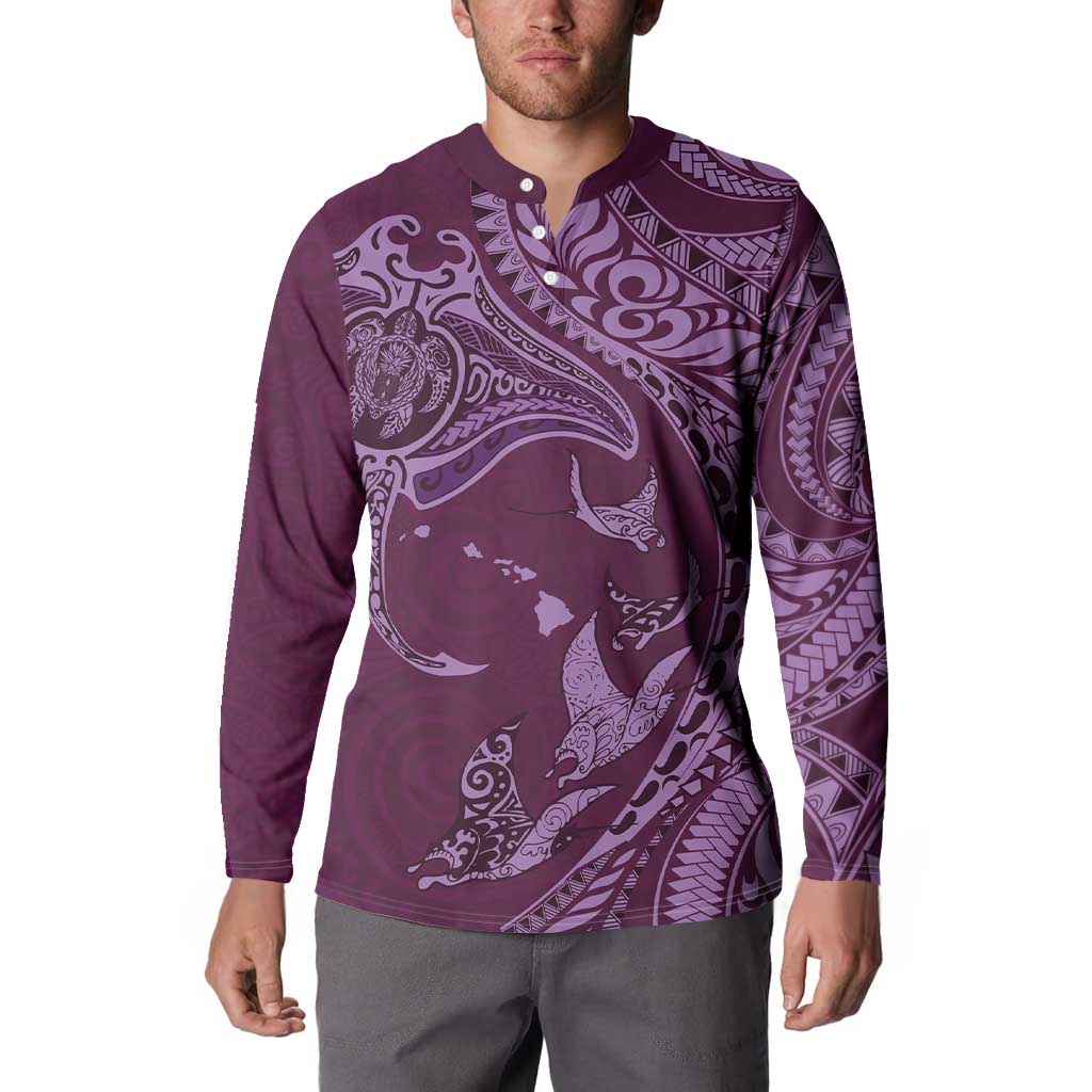 Hawaiian Manta Ray and Polynesian Tribal Tattoo Button Sweatshirt Pink Color LT03