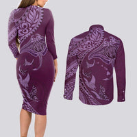 Hawaiian Manta Ray and Polynesian Tribal Tattoo Couples Matching Long Sleeve Bodycon Dress and Long Sleeve Button Shirt Pink Color LT03