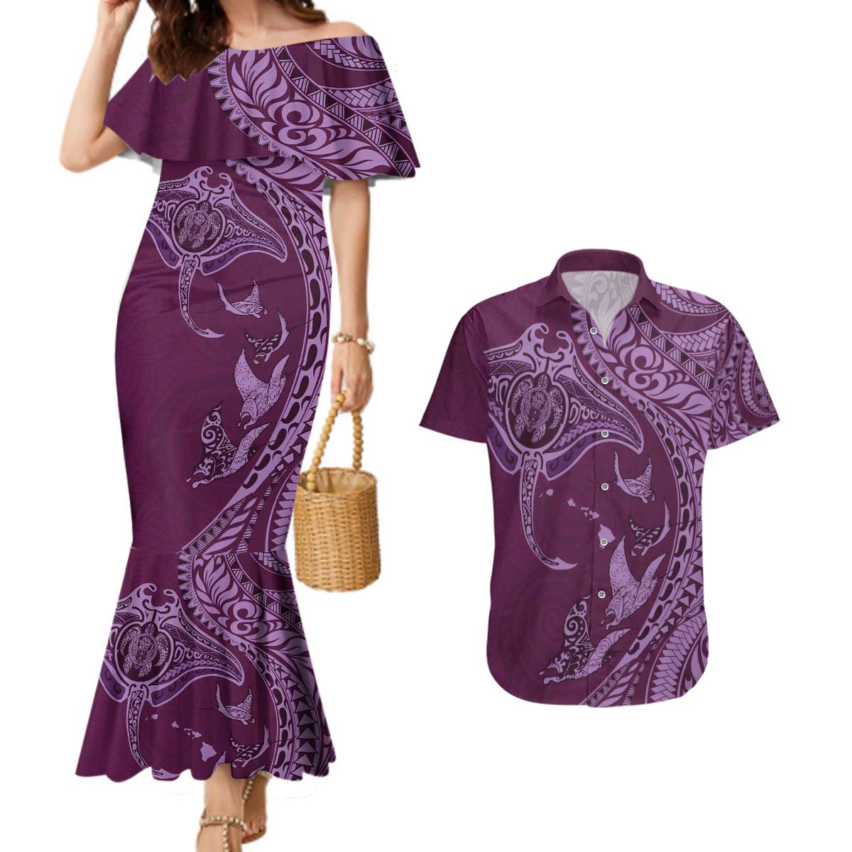 Hawaiian Manta Ray and Polynesian Tribal Tattoo Couples Matching Mermaid Dress and Hawaiian Shirt Pink Color LT03 Pink - Polynesian Pride