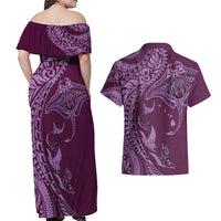 Hawaiian Manta Ray and Polynesian Tribal Tattoo Couples Matching Off Shoulder Maxi Dress and Hawaiian Shirt Pink Color LT03 - Polynesian Pride