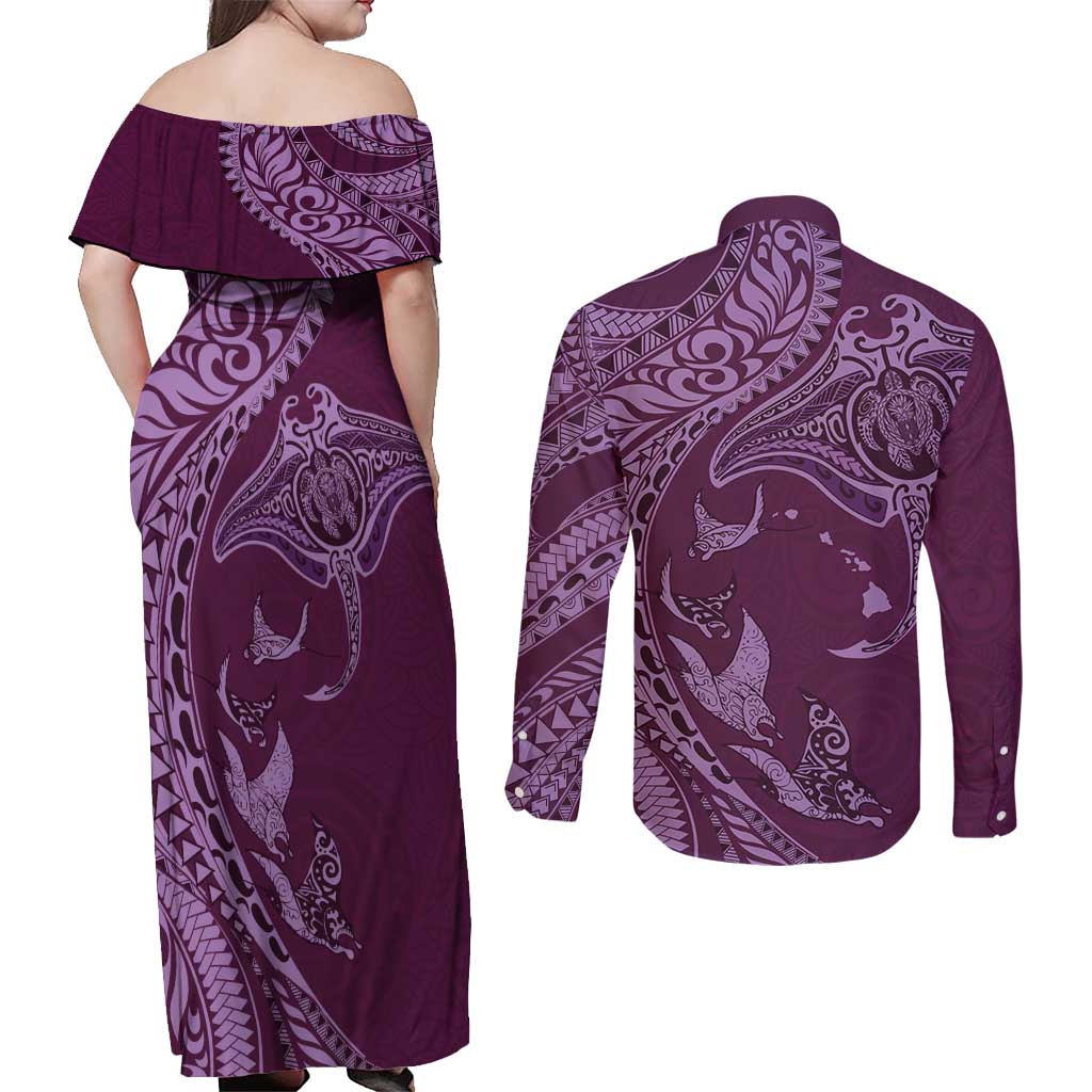 Hawaiian Manta Ray and Polynesian Tribal Tattoo Couples Matching Off Shoulder Maxi Dress and Long Sleeve Button Shirt Pink Color LT03