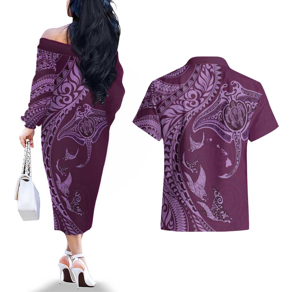 Hawaiian Manta Ray and Polynesian Tribal Tattoo Couples Matching Off The Shoulder Long Sleeve Dress and Hawaiian Shirt Pink Color LT03