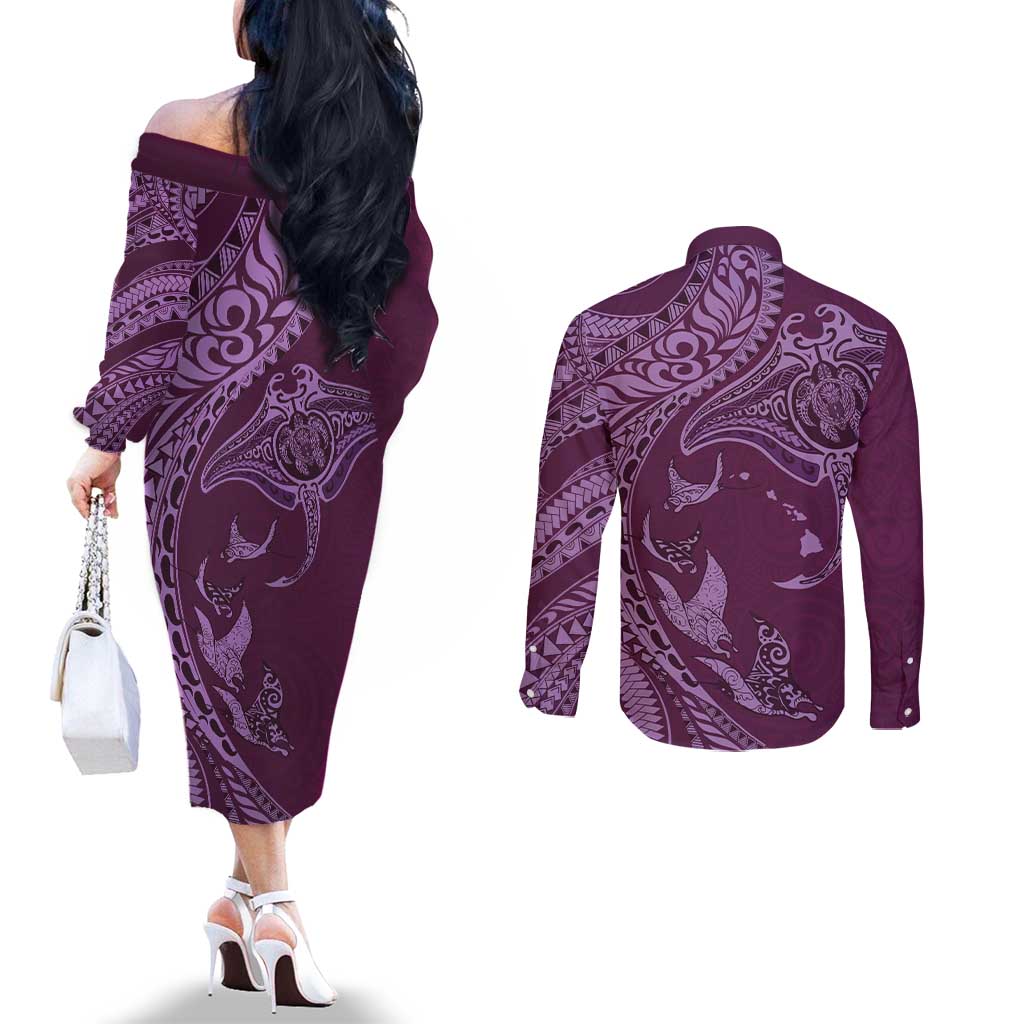 Hawaiian Manta Ray and Polynesian Tribal Tattoo Couples Matching Off The Shoulder Long Sleeve Dress and Long Sleeve Button Shirt Pink Color LT03