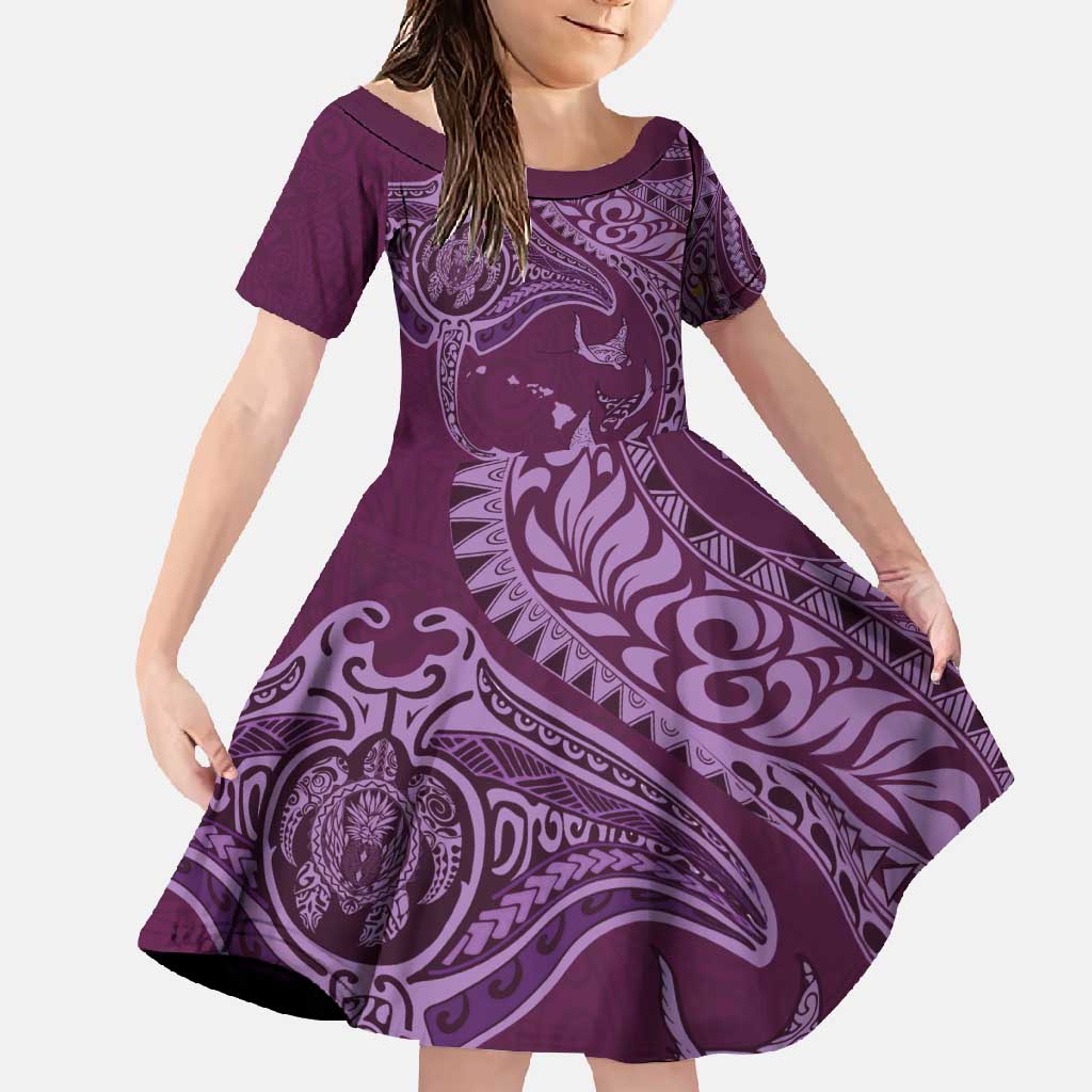 Hawaiian Manta Ray and Polynesian Tribal Tattoo Family Matching Long Sleeve Bodycon Dress and Hawaiian Shirt Pink Color LT03 Daughter's Dress Pink - Polynesian Pride