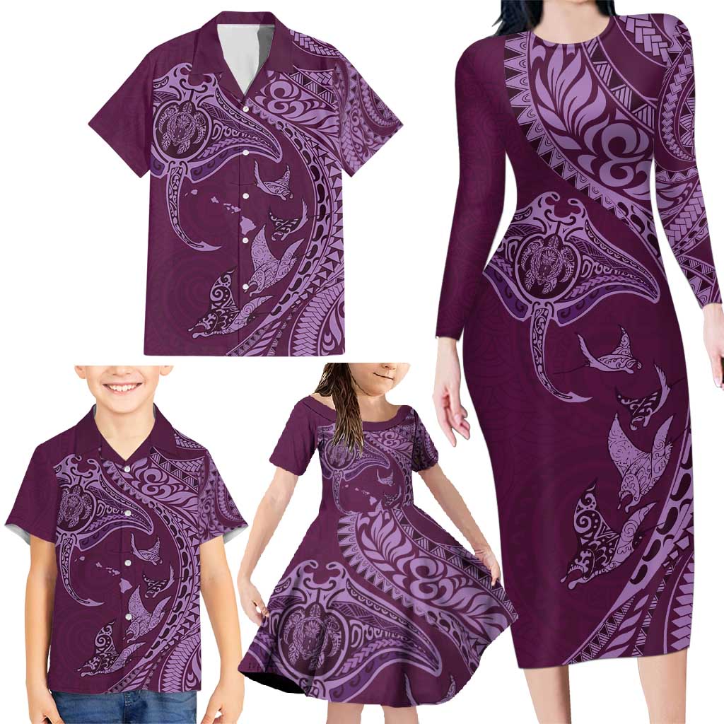 Hawaiian Manta Ray and Polynesian Tribal Tattoo Family Matching Long Sleeve Bodycon Dress and Hawaiian Shirt Pink Color LT03 - Polynesian Pride