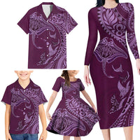 Hawaiian Manta Ray and Polynesian Tribal Tattoo Family Matching Long Sleeve Bodycon Dress and Hawaiian Shirt Pink Color LT03 - Polynesian Pride