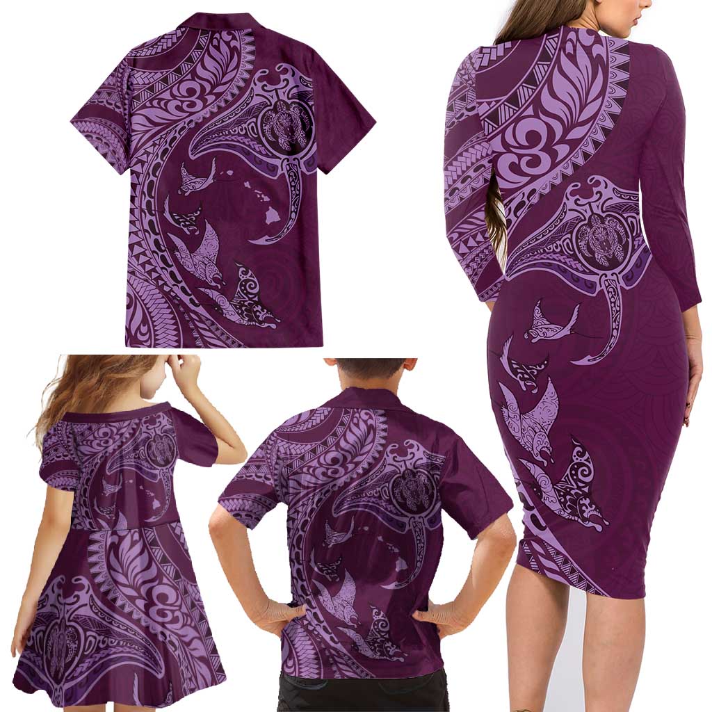 Hawaiian Manta Ray and Polynesian Tribal Tattoo Family Matching Long Sleeve Bodycon Dress and Hawaiian Shirt Pink Color LT03 - Polynesian Pride