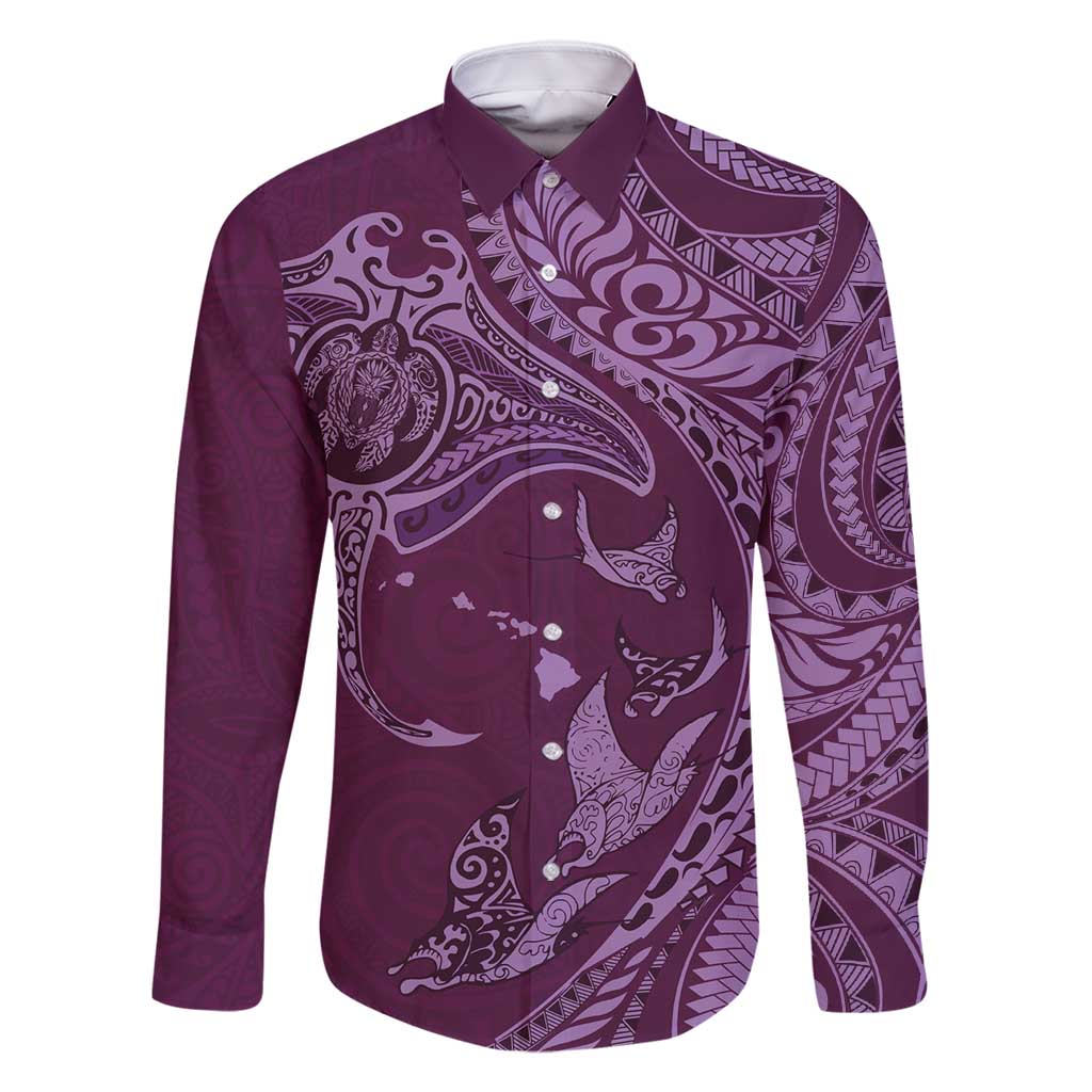 Hawaiian Manta Ray and Polynesian Tribal Tattoo Family Matching Mermaid Dress and Hawaiian Shirt Pink Color LT03 Dad's Shirt - Long Sleeve Pink - Polynesian Pride