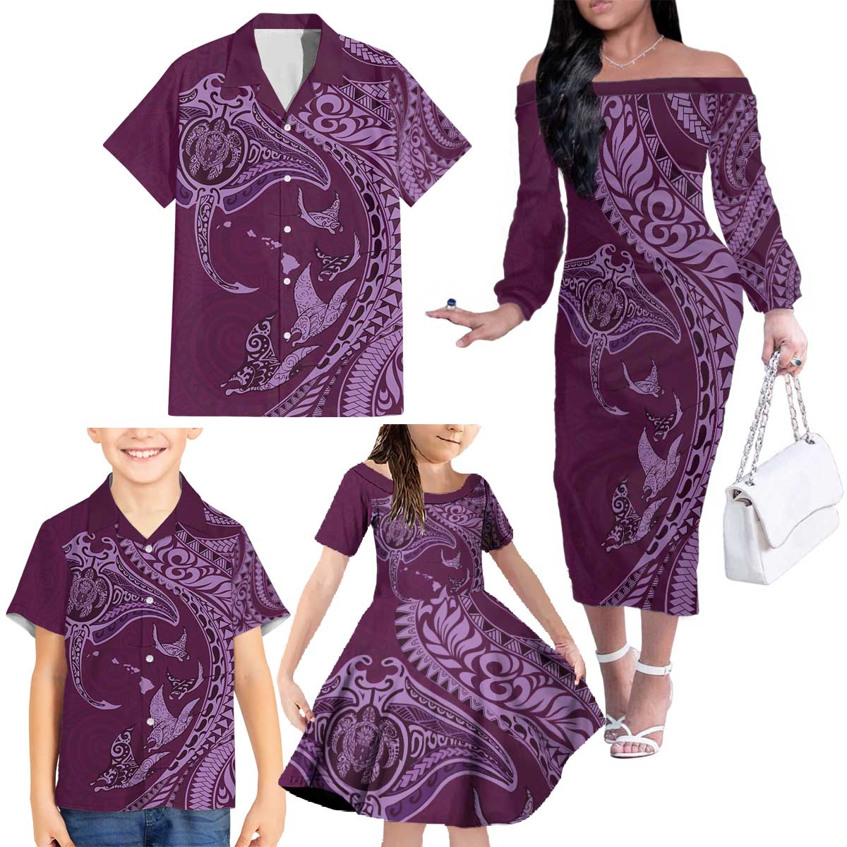 Hawaiian Manta Ray and Polynesian Tribal Tattoo Family Matching Off The Shoulder Long Sleeve Dress and Hawaiian Shirt Pink Color LT03 - Polynesian Pride