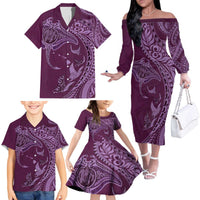 Hawaiian Manta Ray and Polynesian Tribal Tattoo Family Matching Off The Shoulder Long Sleeve Dress and Hawaiian Shirt Pink Color LT03 - Polynesian Pride