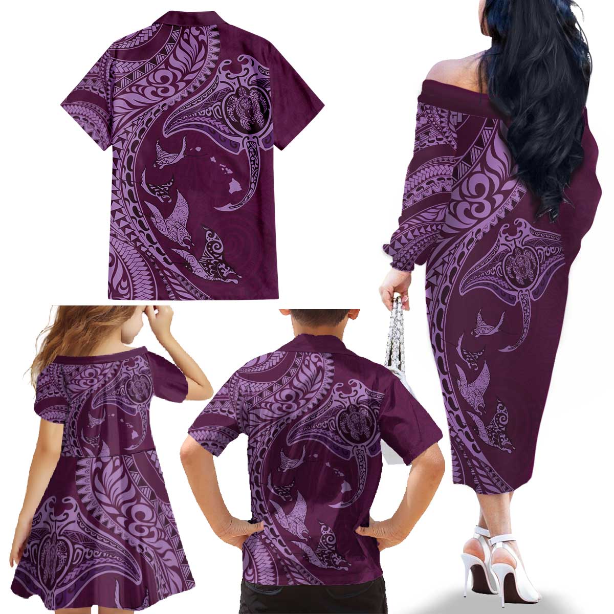 Hawaiian Manta Ray and Polynesian Tribal Tattoo Family Matching Off The Shoulder Long Sleeve Dress and Hawaiian Shirt Pink Color LT03 - Polynesian Pride