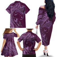 Hawaiian Manta Ray and Polynesian Tribal Tattoo Family Matching Off The Shoulder Long Sleeve Dress and Hawaiian Shirt Pink Color LT03 - Polynesian Pride