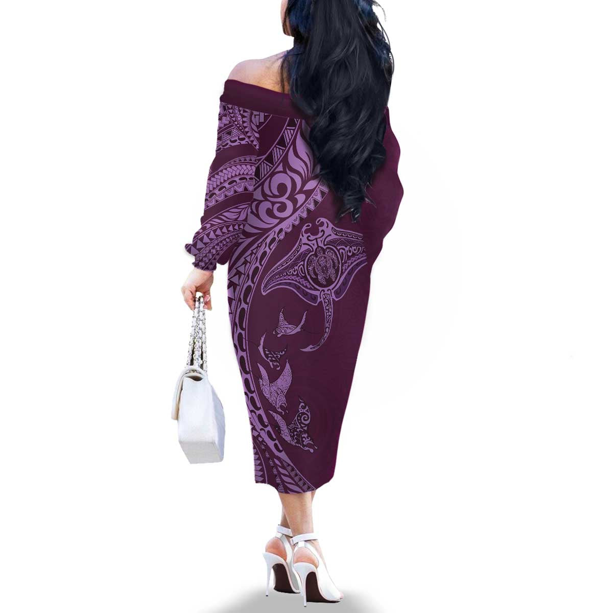 Hawaiian Manta Ray and Polynesian Tribal Tattoo Family Matching Off The Shoulder Long Sleeve Dress and Hawaiian Shirt Pink Color LT03 - Polynesian Pride