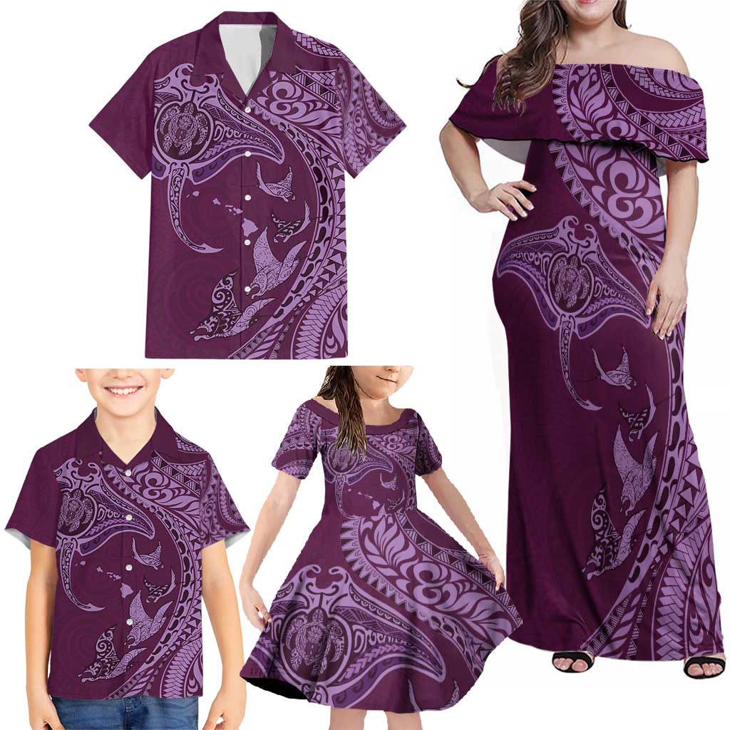 Hawaiian Manta Ray and Polynesian Tribal Tattoo Family Matching Off Shoulder Maxi Dress and Hawaiian Shirt Pink Color LT03 - Polynesian Pride