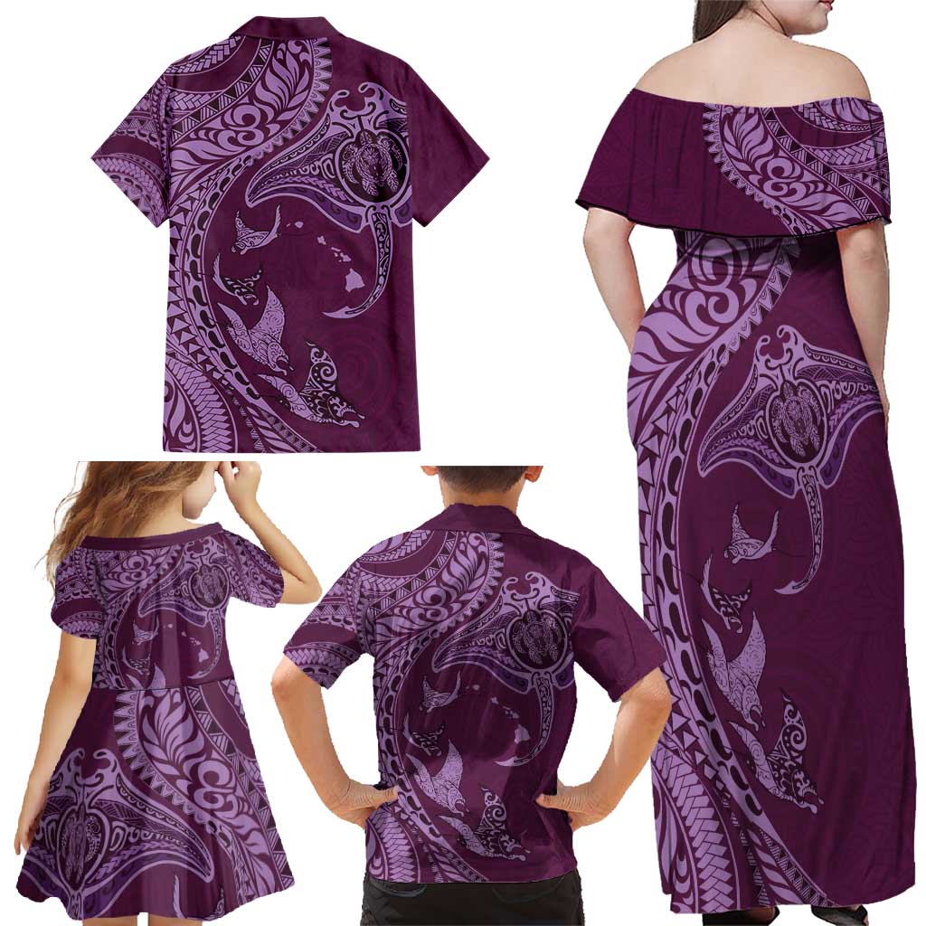 Hawaiian Manta Ray and Polynesian Tribal Tattoo Family Matching Off Shoulder Maxi Dress and Hawaiian Shirt Pink Color LT03 - Polynesian Pride