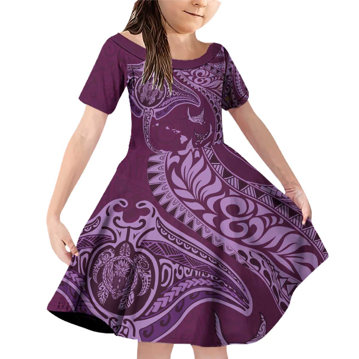 Hawaiian Manta Ray and Polynesian Tribal Tattoo Family Matching Off Shoulder Short Dress and Hawaiian Shirt Pink Color LT03 Daughter's Dress Pink - Polynesian Pride