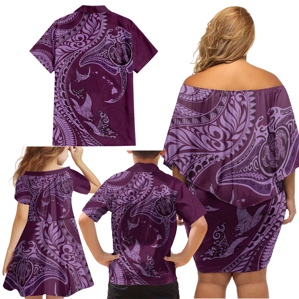 Hawaiian Manta Ray and Polynesian Tribal Tattoo Family Matching Off Shoulder Short Dress and Hawaiian Shirt Pink Color LT03 - Polynesian Pride