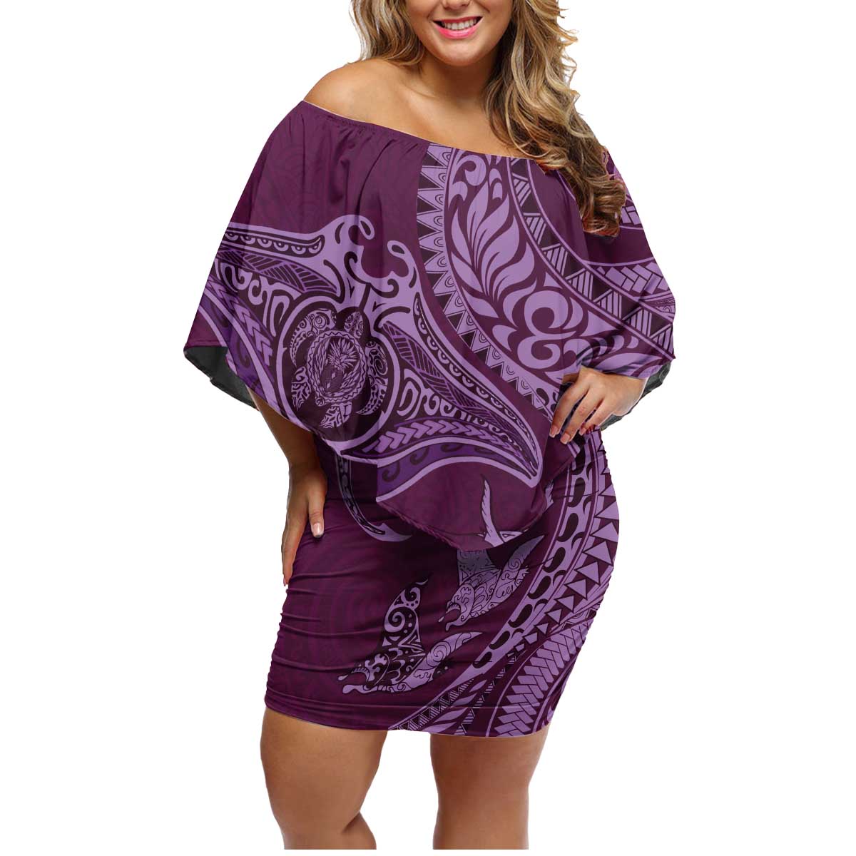 Hawaiian Manta Ray and Polynesian Tribal Tattoo Family Matching Off Shoulder Short Dress and Hawaiian Shirt Pink Color LT03 Mom's Dress Pink - Polynesian Pride