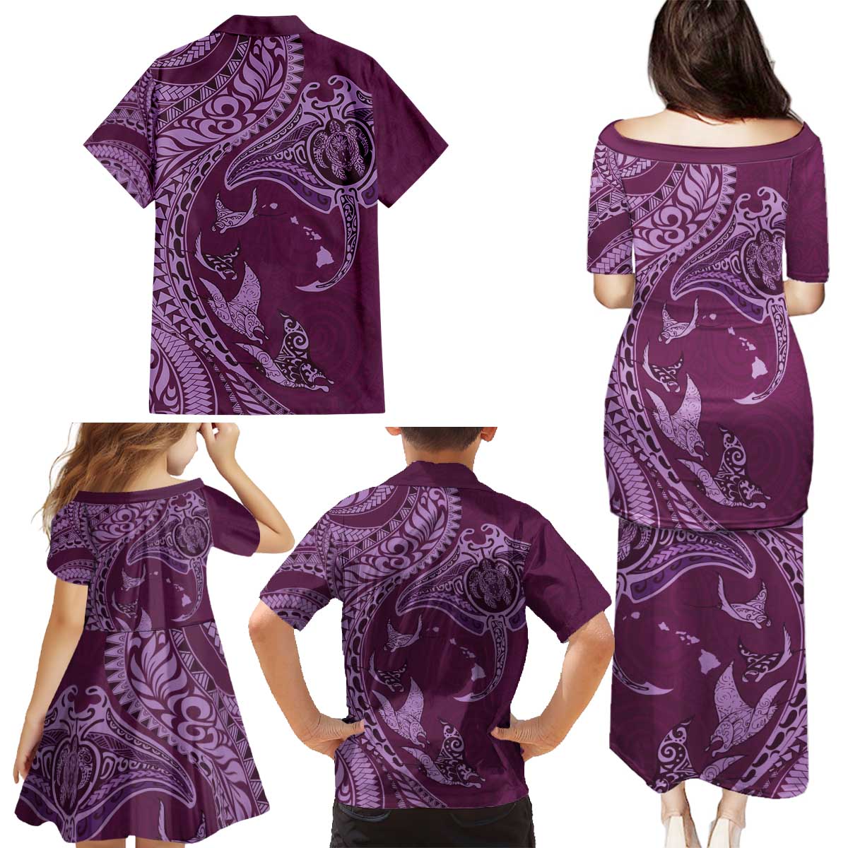 Hawaiian Manta Ray and Polynesian Tribal Tattoo Family Matching Puletasi and Hawaiian Shirt Pink Color LT03 - Polynesian Pride