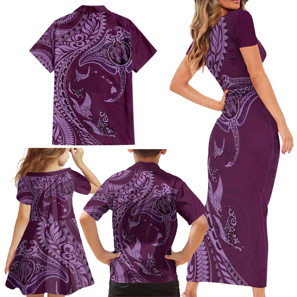 Hawaiian Manta Ray and Polynesian Tribal Tattoo Family Matching Short Sleeve Bodycon Dress and Hawaiian Shirt Pink Color LT03 - Polynesian Pride