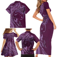 Hawaiian Manta Ray and Polynesian Tribal Tattoo Family Matching Short Sleeve Bodycon Dress and Hawaiian Shirt Pink Color LT03 - Polynesian Pride