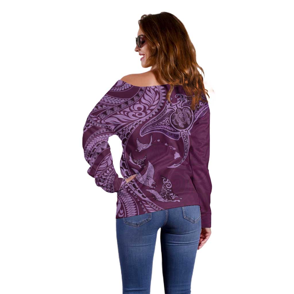 Hawaiian Manta Ray and Polynesian Tribal Tattoo Off Shoulder Sweater Pink Color LT03