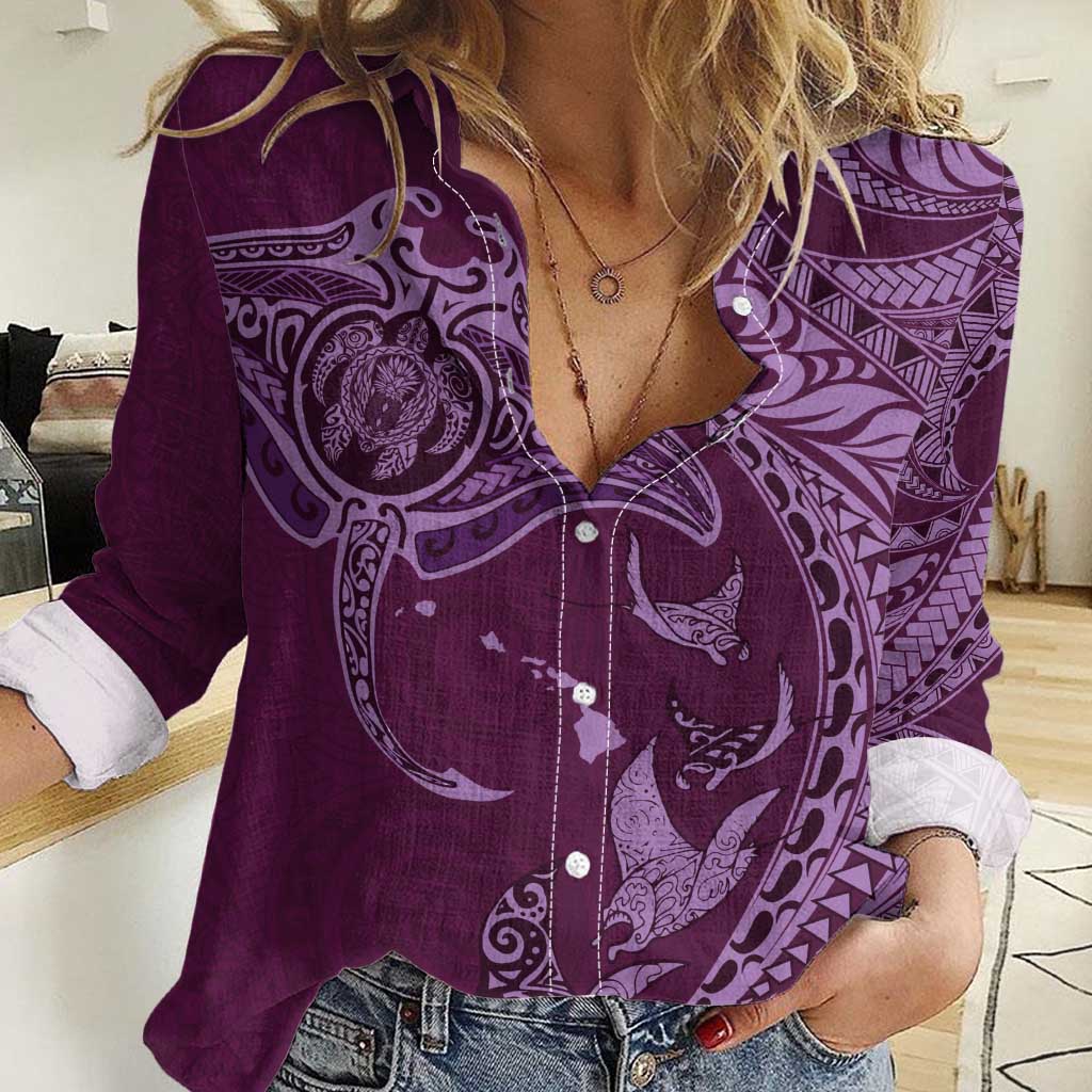 Hawaiian Manta Ray and Polynesian Tribal Tattoo Women Casual Shirt Pink Color LT03