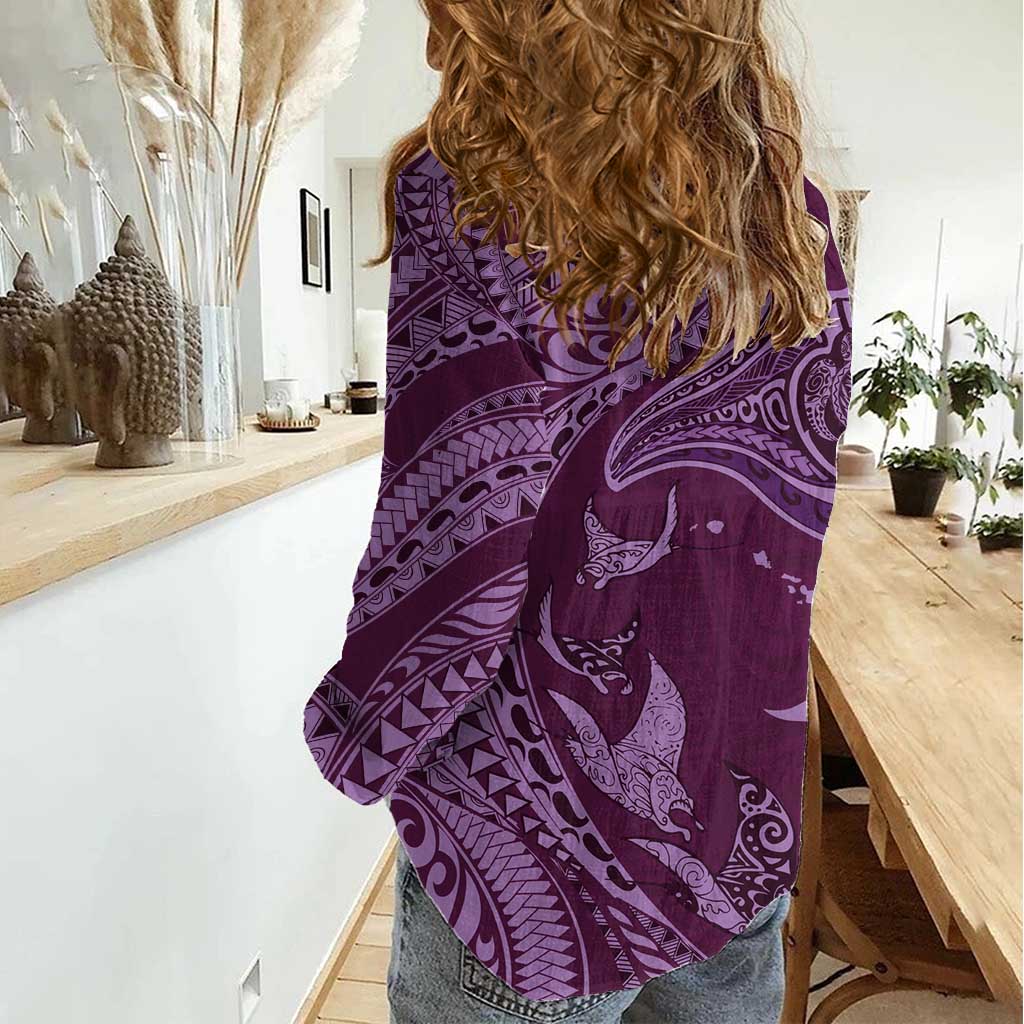 Hawaiian Manta Ray and Polynesian Tribal Tattoo Women Casual Shirt Pink Color LT03