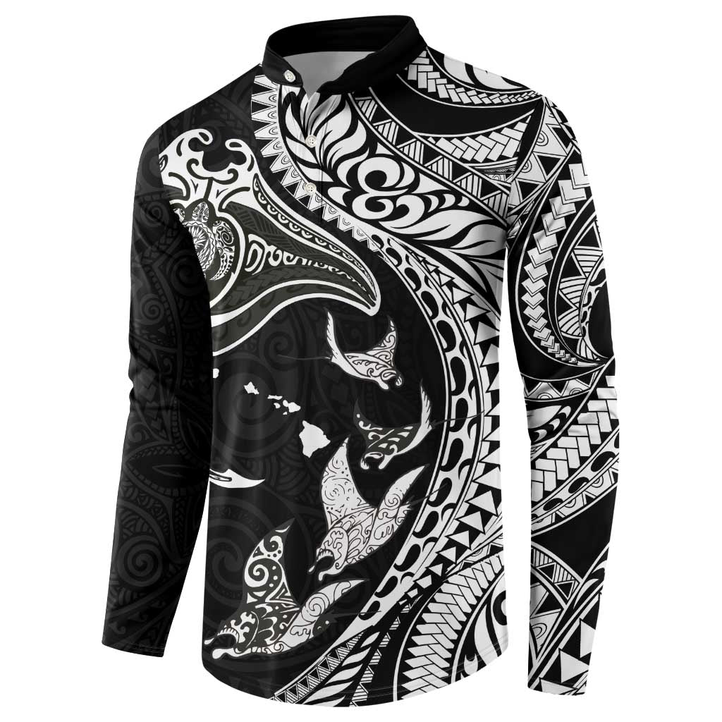 Hawaiian Manta Ray and Polynesian Tribal Tattoo Button Sweatshirt Black Color LT03