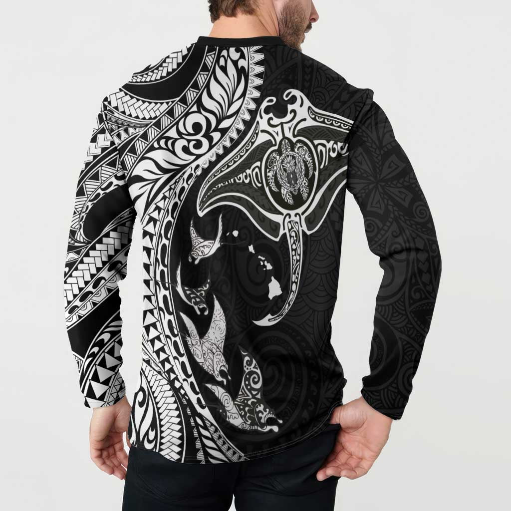 Hawaiian Manta Ray and Polynesian Tribal Tattoo Button Sweatshirt Black Color LT03
