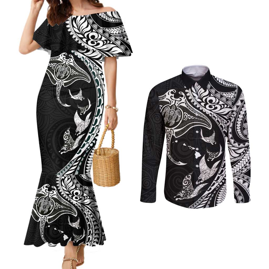 Hawaiian Manta Ray and Polynesian Tribal Tattoo Couples Matching Mermaid Dress and Long Sleeve Button Shirt Black Color LT03
