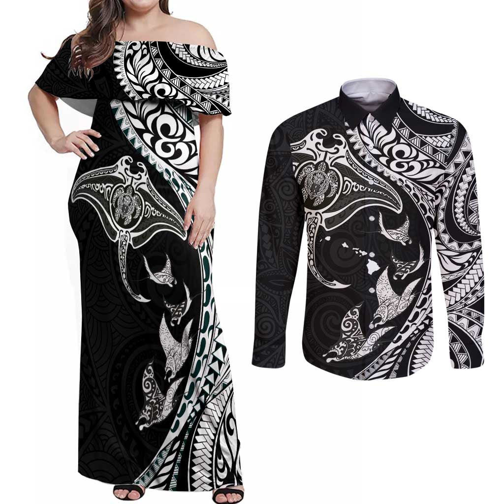 Hawaiian Manta Ray and Polynesian Tribal Tattoo Couples Matching Off Shoulder Maxi Dress and Long Sleeve Button Shirt Black Color LT03