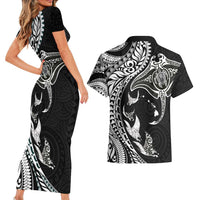 Hawaiian Manta Ray and Polynesian Tribal Tattoo Couples Matching Short Sleeve Bodycon Dress and Hawaiian Shirt Black Color LT03 - Polynesian Pride