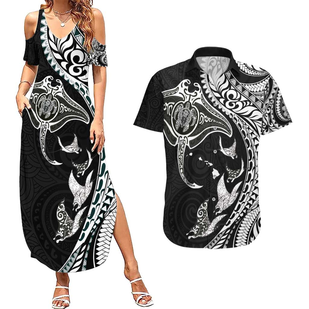 Hawaiian Manta Ray and Polynesian Tribal Tattoo Couples Matching Summer Maxi Dress and Hawaiian Shirt Black Color LT03