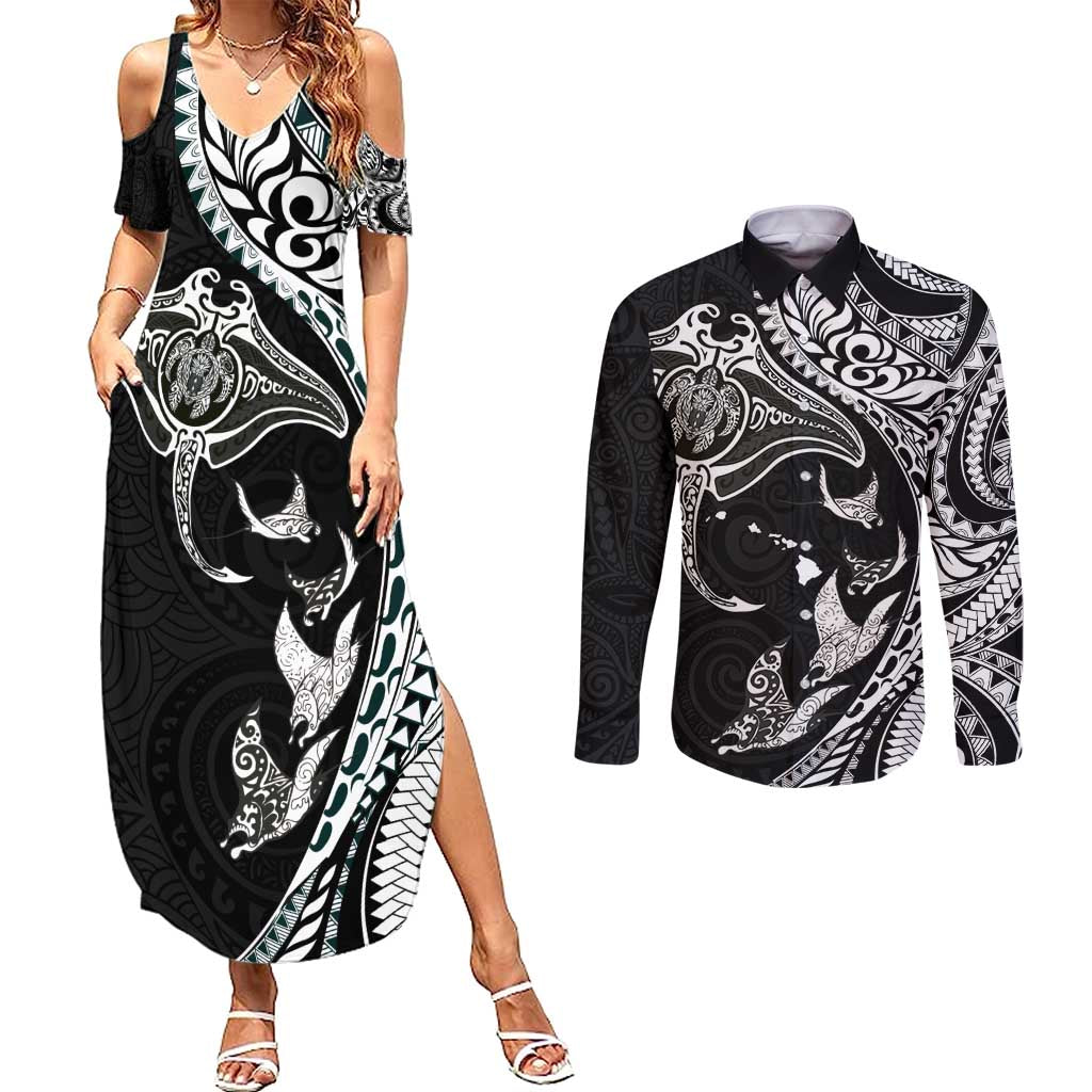 Hawaiian Manta Ray and Polynesian Tribal Tattoo Couples Matching Summer Maxi Dress and Long Sleeve Button Shirt Black Color LT03