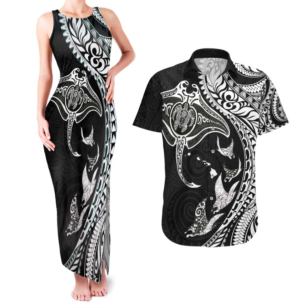 Hawaiian Manta Ray and Polynesian Tribal Tattoo Couples Matching Tank Maxi Dress and Hawaiian Shirt Black Color LT03