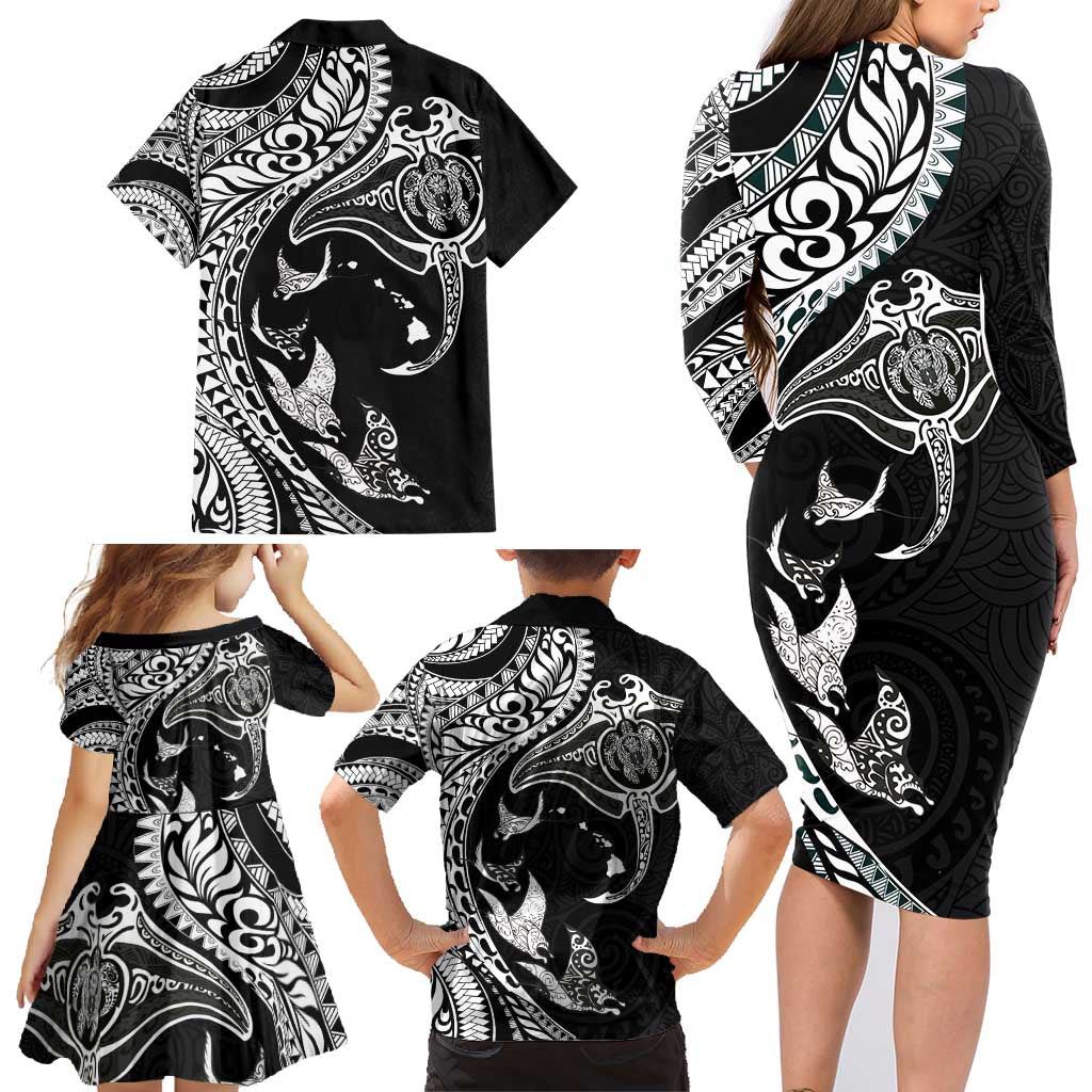 Hawaiian Manta Ray and Polynesian Tribal Tattoo Family Matching Long Sleeve Bodycon Dress and Hawaiian Shirt Black Color LT03 - Polynesian Pride
