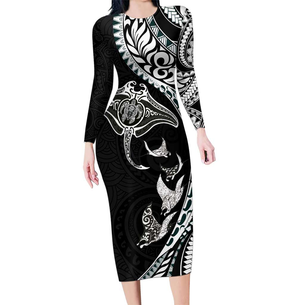 Hawaiian Manta Ray and Polynesian Tribal Tattoo Family Matching Long Sleeve Bodycon Dress and Hawaiian Shirt Black Color LT03 Mom's Dress Black - Polynesian Pride