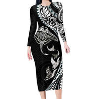 Hawaiian Manta Ray and Polynesian Tribal Tattoo Family Matching Long Sleeve Bodycon Dress and Hawaiian Shirt Black Color LT03 Mom's Dress Black - Polynesian Pride