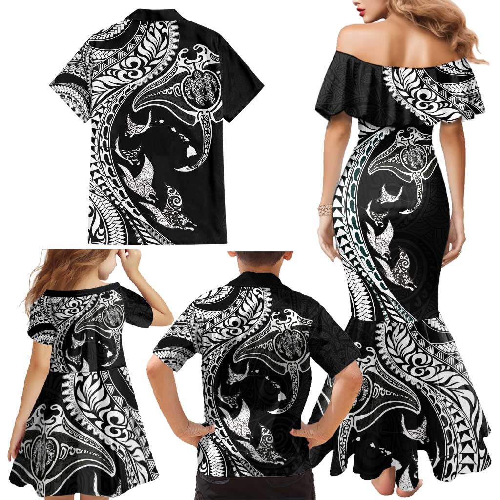 Hawaiian Manta Ray and Polynesian Tribal Tattoo Family Matching Mermaid Dress and Hawaiian Shirt Black Color LT03 - Polynesian Pride