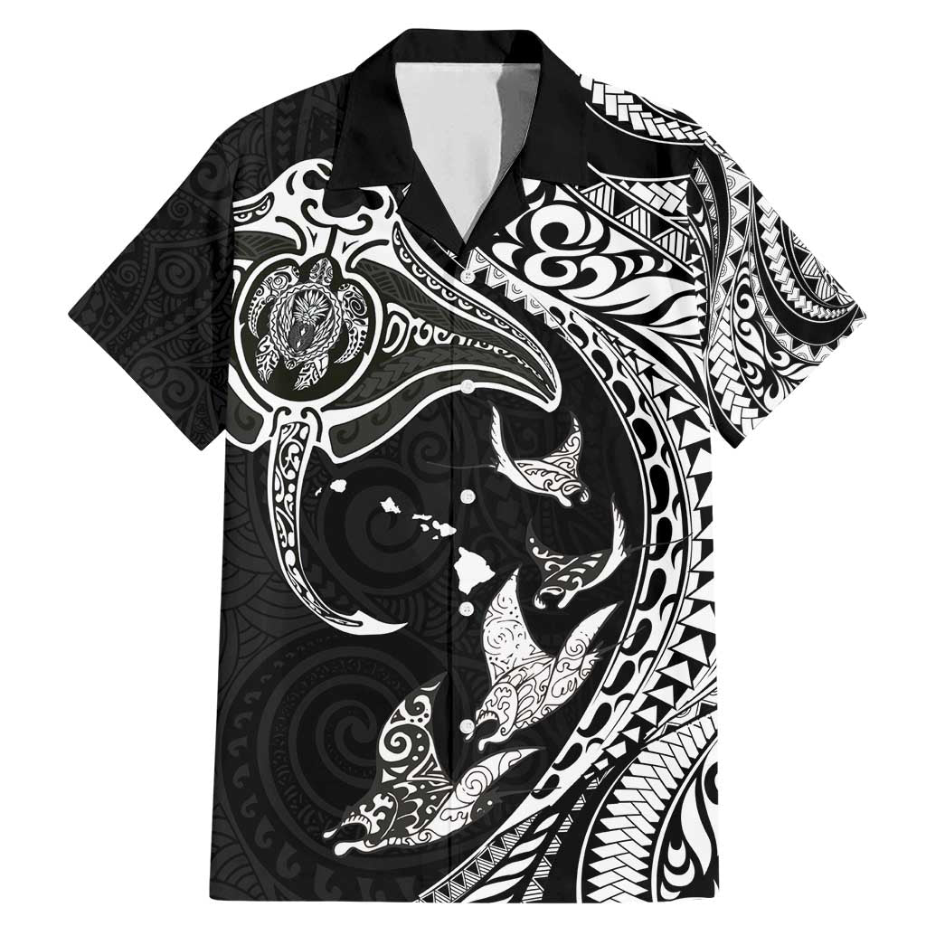 Hawaiian Manta Ray and Polynesian Tribal Tattoo Family Matching Mermaid Dress and Hawaiian Shirt Black Color LT03 Dad's Shirt - Short Sleeve Black - Polynesian Pride