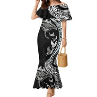 Hawaiian Manta Ray and Polynesian Tribal Tattoo Family Matching Mermaid Dress and Hawaiian Shirt Black Color LT03 Mom's Dress Black - Polynesian Pride