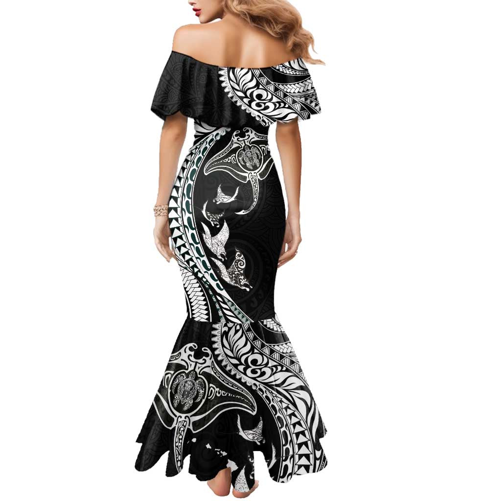 Hawaiian Manta Ray and Polynesian Tribal Tattoo Family Matching Mermaid Dress and Hawaiian Shirt Black Color LT03 - Polynesian Pride